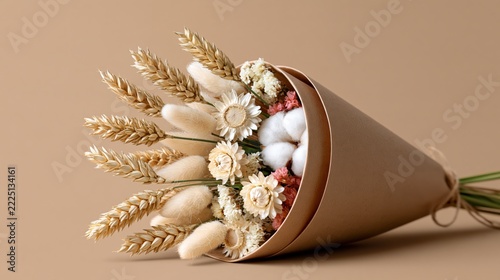 Dried flower bouquet in kraft paper on beige