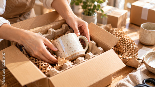 Person packing a ceramic mug in a cardboard box with eco-friendly cushioning material, sustainable shipping concept perfect for online store or small business