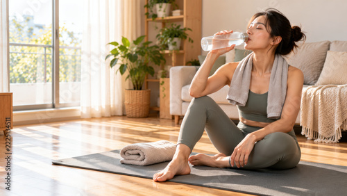 Relaxed young woman drinking water after yoga practice in sunlit living room, promoting health and hydration