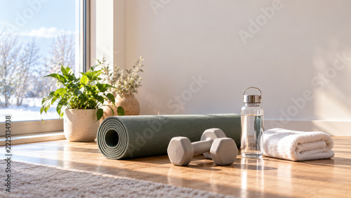 Yoga mat with dumbbells, water bottle, and folded towel in a sunlit room by window with indoor plants, ideal for home workouts and fitness routines