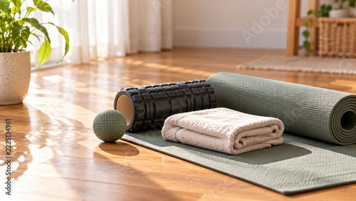 Yoga mat with foam roller, massage ball, and towel on hardwood floor in bright indoor space for home workouts and stretching