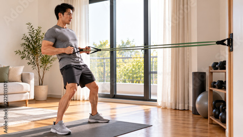 Young man exercising with resistance bands at home in bright living room, perfect for fitness and workout concepts