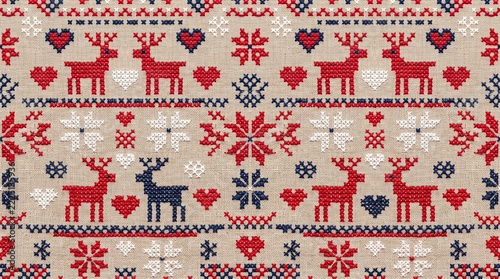 Seamless Scandinavian Cross Stitch Embroidery Pattern with Reindeer, Hearts and Snowflakes on Natural Linen