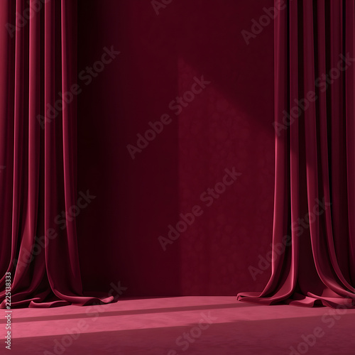 Rich Wine Red Velvet Theater Stage Curtains with Floor Platform and Dramatic Lighting