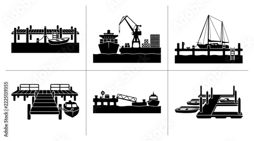 Dock and boat silhouettes set with cargo ship, sailboat and marina scenes for transport and travel logo