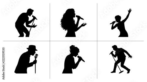 Singer silhouettes set with diverse performers holding microphones for music and entertainment logos