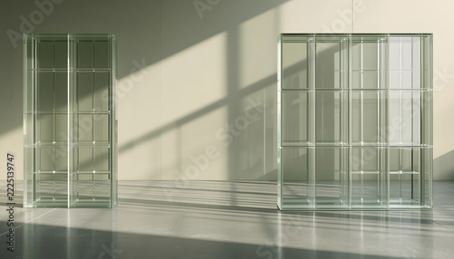 Warm Beige Empty Room Interior with Window Pane Sunlight Shadows and Glass Frame