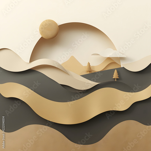 Elegant Paper Cut Desert Landscape Art with Rolling Dunes, Hills, and Rising Sun