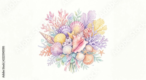 Luxury watercolor marine life bouquet composed of delicate sea shells, corals, and sea glass in soft pastel pink, purple, and yellow tones, isolated on white.