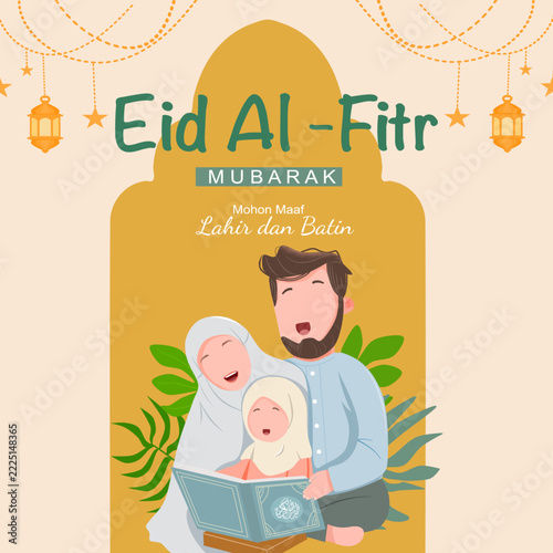 Eid Al-Fitr Mubarak Family Reading Illustration