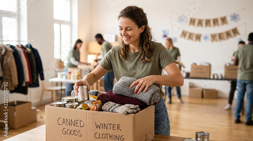 Young woman volunteering and organizing winter clothing donations  