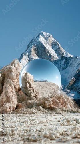 vertical screensaver, futuristic minimalist landscape with mirror ball on rocky desert ground