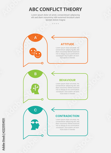 abc conflict theory infographic template with three point outline domed letter badge tail line arrow card, outline style