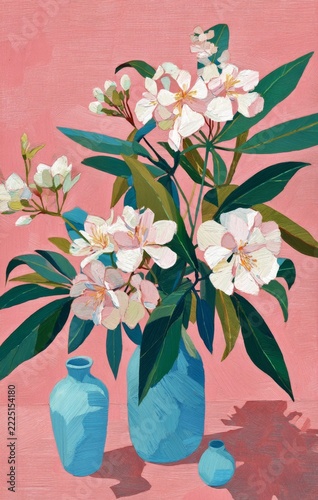 A vibrant bouquet of flowers in a blue vase against a soft pink background. This artistic style combines modern elements with a classic floral theme. Perfect for home decor and illustration. AI