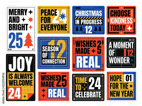 Merry Christmas Holiday Greeting Stickers and Badges Set for Labels and Gifts