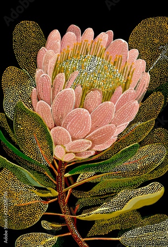This stunning illustration showcases a beautiful pink flower surrounded by lush green leaves. The intricate details highlight its natural beauty. Perfect for botanical art lovers and decor. AI