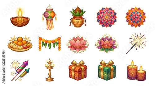Colorful Diwali Festival Elements Collection with Traditional Diyas, Rangoli, Marigold Garlands, Fireworks and Gift Boxes