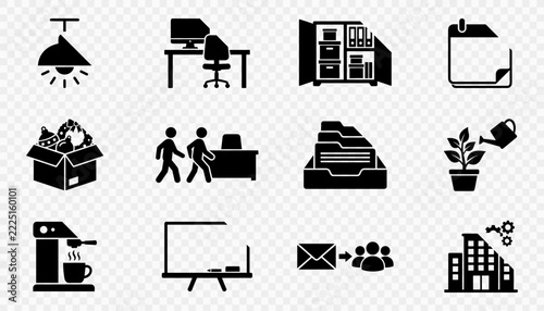 Black silhouette icons depicting office equipment, teamwork, files, plants, and business tools