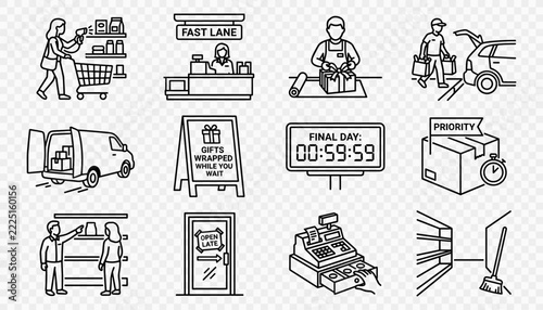 Retail service illustrations depict shopping, gift wrapping, checkout, and urgent delivery scenes