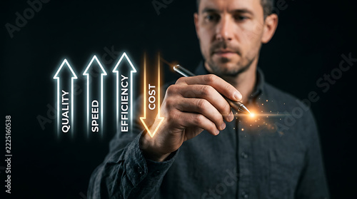 A man uses a digital pen to interact with business performance metrics on a screen