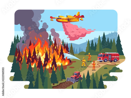 Forest Firefighting Operation with Aerial Tanker and Firefighters