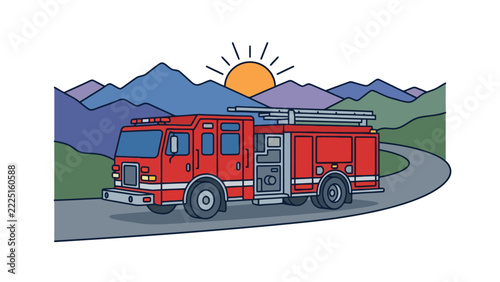 Fire Truck Driving on a Mountain Road at Sunrise Illustration