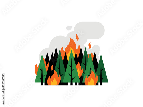 Forest fire concept with burning pine trees and smoke