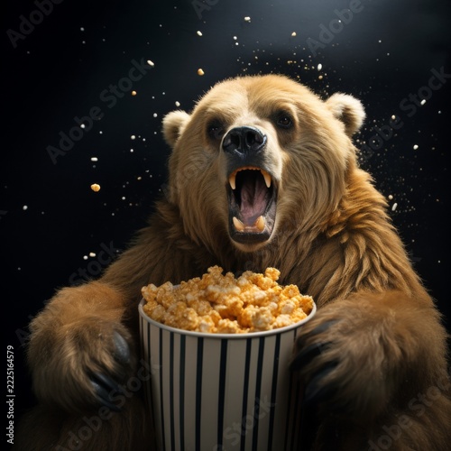A bear excitedly enjoying popcorn. This whimsical image captures a playful moment with a bear. The vibrant colors and expression bring joy. Perfect for entertainment themes. AI