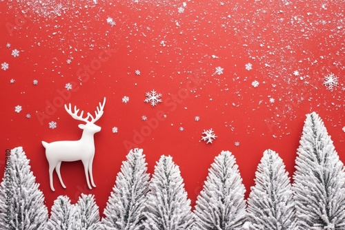 Reindeer in winter forest with falling snowflakes on red