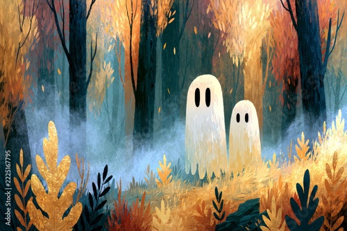 Cute ghosts appearing in an autumn forest with fog