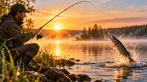 Fisherman catches a jumping pike in a forest lake during a golden sunset