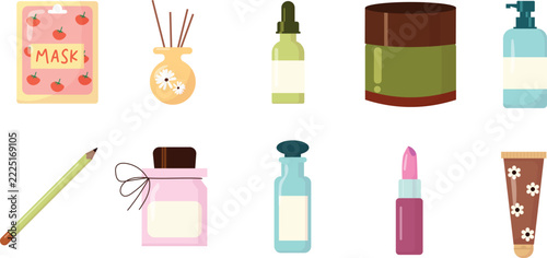 Collection of skincare beauty product illustrations isolated on white background, vector of facial sheet mask, serum bottle, cream jar, lipstick, lotion, and cosmetic clipart