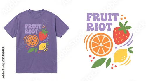 Fruit Riot Retro Pop Art Fruit Collage with Bold Typography T-Shirt Design