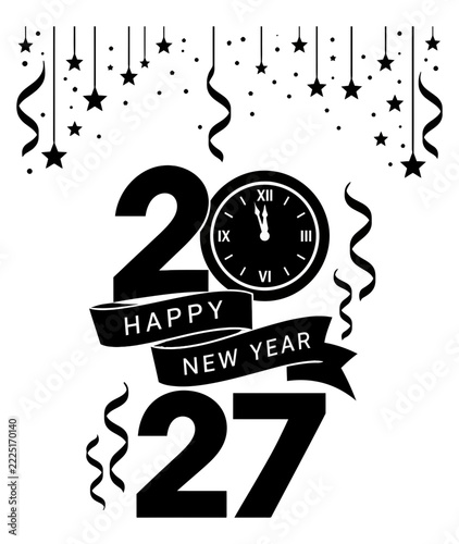 Happy New Year Countdown Clock With Festive Streamers and Elegant Celebration Typography on Transparent Background