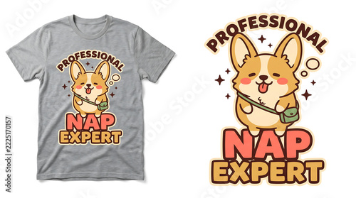 Cute Cartoon Corgi Professional Nap Expert Typography T-Shirt Design