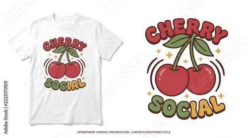 Cherry Social Vintage Cherry Fruit Illustration with Retro Bubble Typography T-Shirt Design