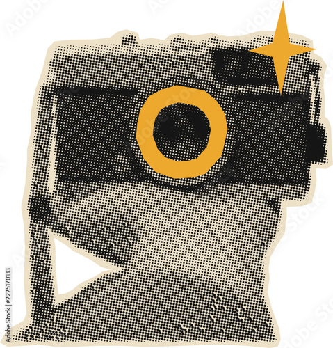 Hand Holding Vintage Camera Retro Halftone Cutout Illustration