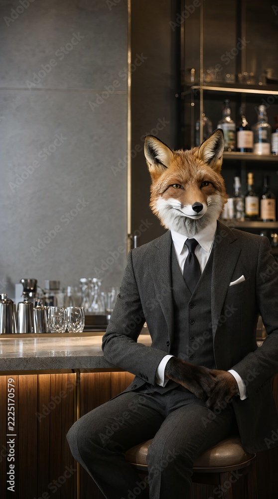 Naklejka premium Sophisticated Anthropomorphic Fox Dressed in an Elegant Charcoal Tailored Suit Sitting at a Pub Bar