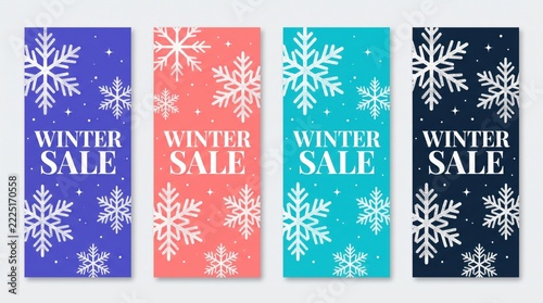 Winter sale poster set with snowflake patterns in four colors. Four vertical flat design banners side by side in blue-violet, coral pink, turquoise and dark navy, each decorated with large textured
