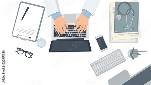 Flat Vector Illustration of Medical Doctor Working on Desk with Stethoscope
