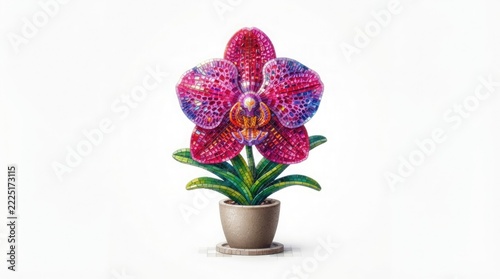 A vibrant mosaic orchid flower blooming in a small ceramic pot, featuring intricate patterns of pink, purple, and blue colors against a clean white background