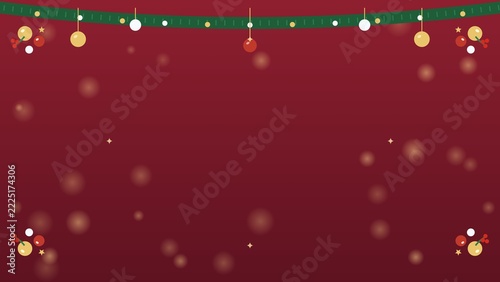Elegant Christmas Sale Background with Garland, Hanging Baubles and Gold Bokeh on Red