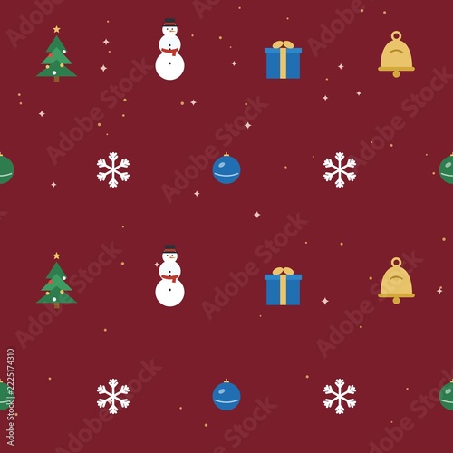 Seamless Christmas Pattern with Pine Trees, Snowmen, Gifts and Bells on Deep Red