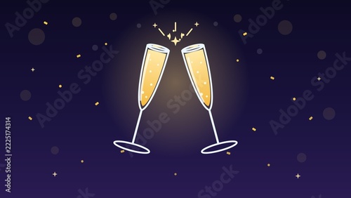 Champagne Glasses Toast with Golden Confetti on Elegant Dark Party Background