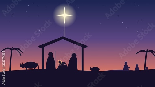 Nativity Scene Silhouette with Star of Bethlehem over the Stable at Dusk