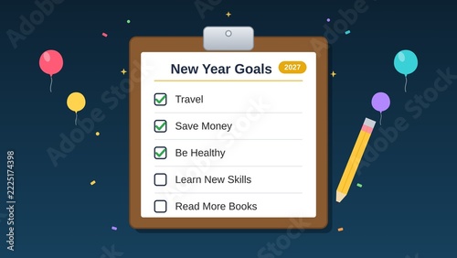New Year Goals Checklist on Clipboard with Balloons and Pencil