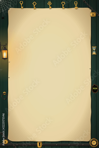 Halloween Escape Room Parchment on Old Door with Keys Portrait