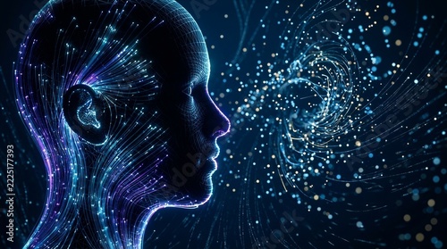 Side profile silhouette of an artificial intelligence android face formed by luminous glowing wireframe mesh and fiber optic data lines on dark blue background