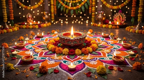 Traditional Diwali Festival Decoration with Colorful Rangoli, Glowing Clay Diyas, Marigold Flowers and Festive Lights