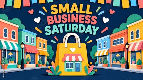 Small Business Saturday with colorful shopping street and yellow shopping bag